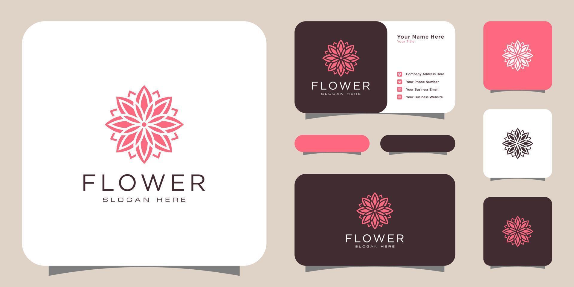 Flower mono line luxury logo with business card design vector