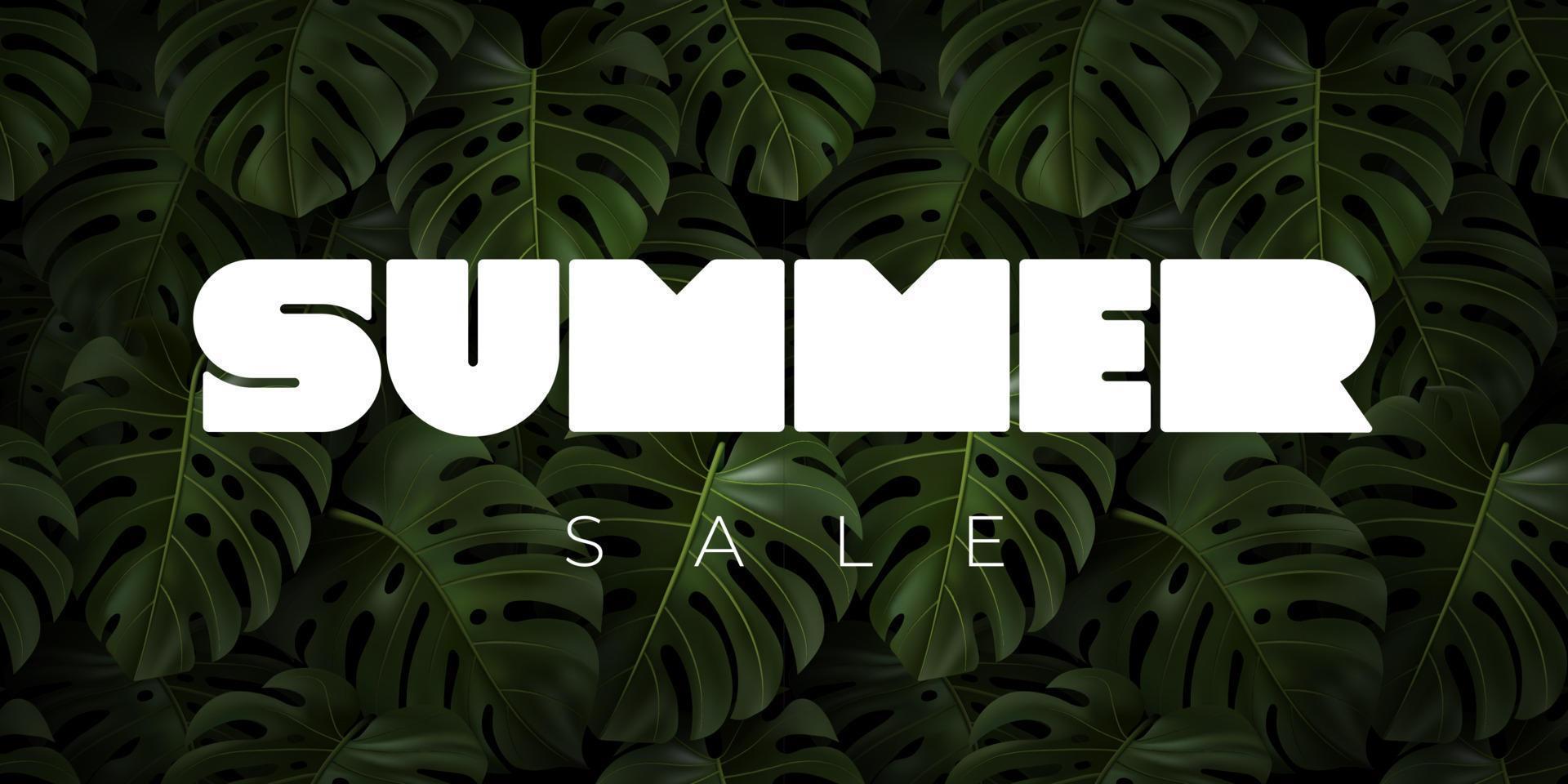 SUMMER SALE vector typography with realistic tropical leaves monstera. Template for poster, banner, flyer, advertising, web, promotion. Discount design background.