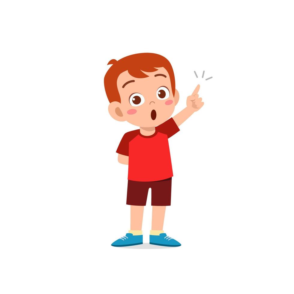 cute little kid boy thinking and has an idea face expression gesture vector