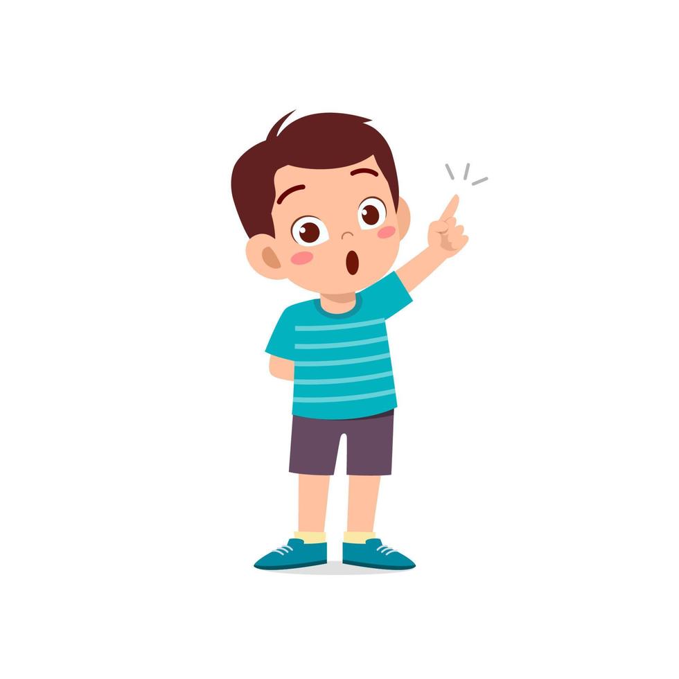 cute little kid boy thinking and has an idea face expression gesture vector