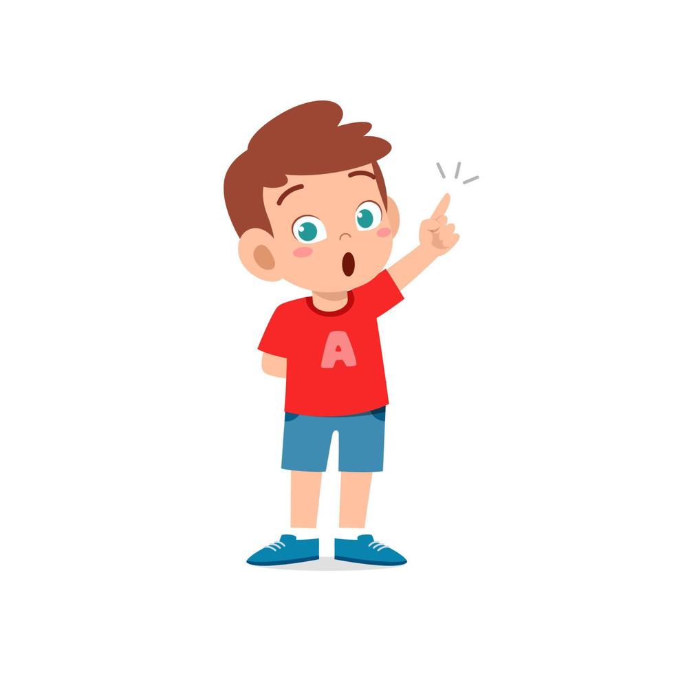 cute little kid boy thinking and has an idea face expression gesture vector