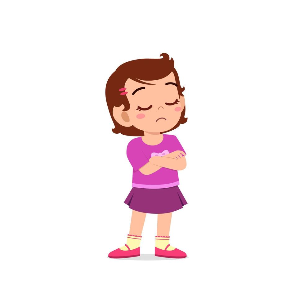 cute little kid girl dissatisfied with arm folded pose expression vector