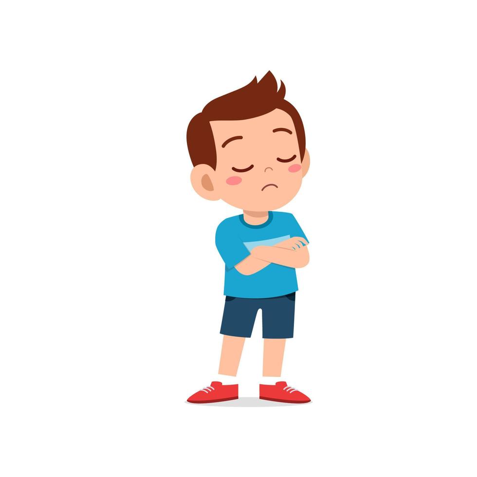cute little kid boy dissatisfied with arm folded pose expression vector