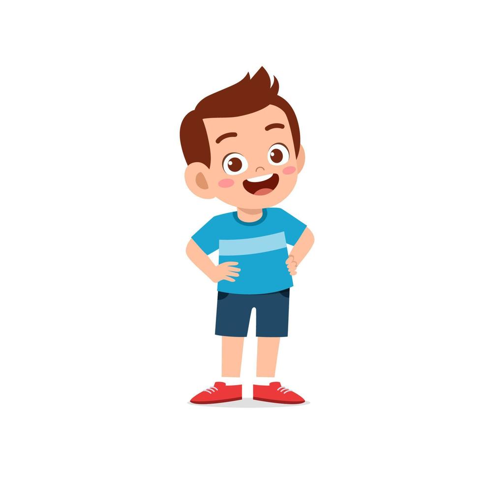 lindo niño pequeño stand sonrisa con el brazo en la cadera pose expresión vector