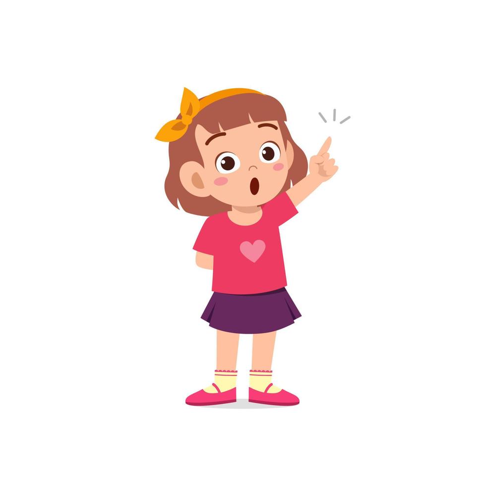 cute little kid girl thinking and has an idea face expression gesture vector