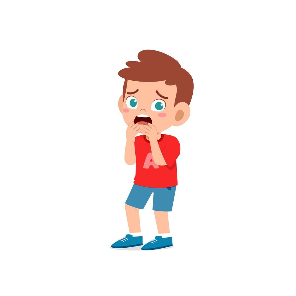 cute little kid boy feeling scared and shocked expression gesture vector