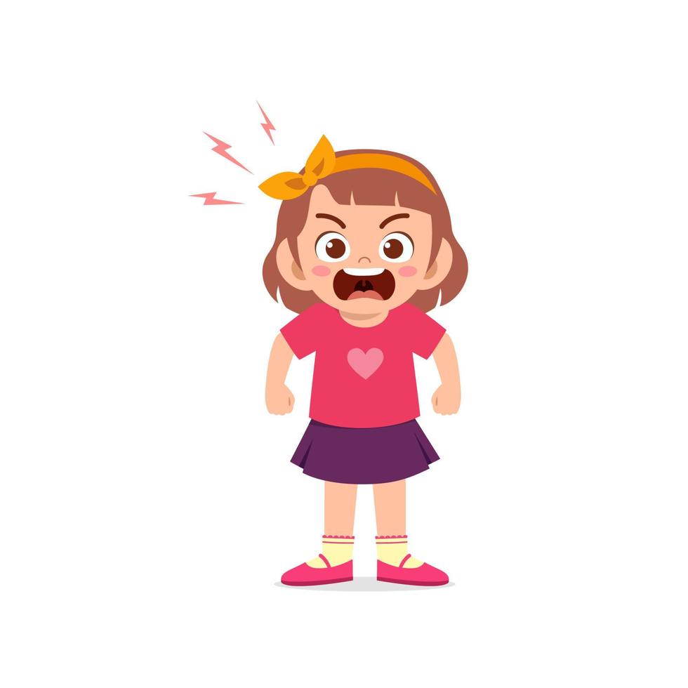 cute little kid girl stand and show angry pose expression vector