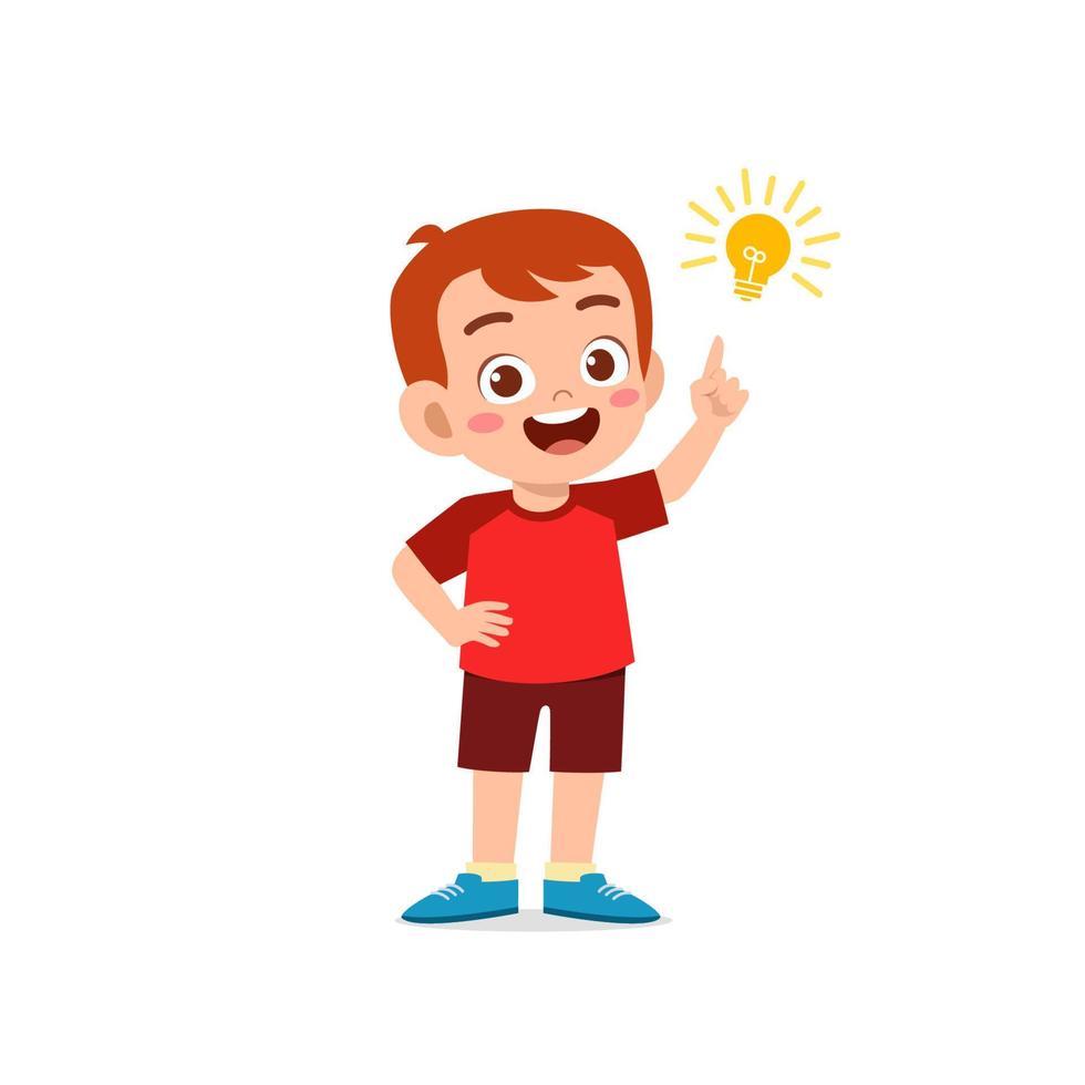 Cute little kid boy show idea pose expresión con signo de bombilla vector