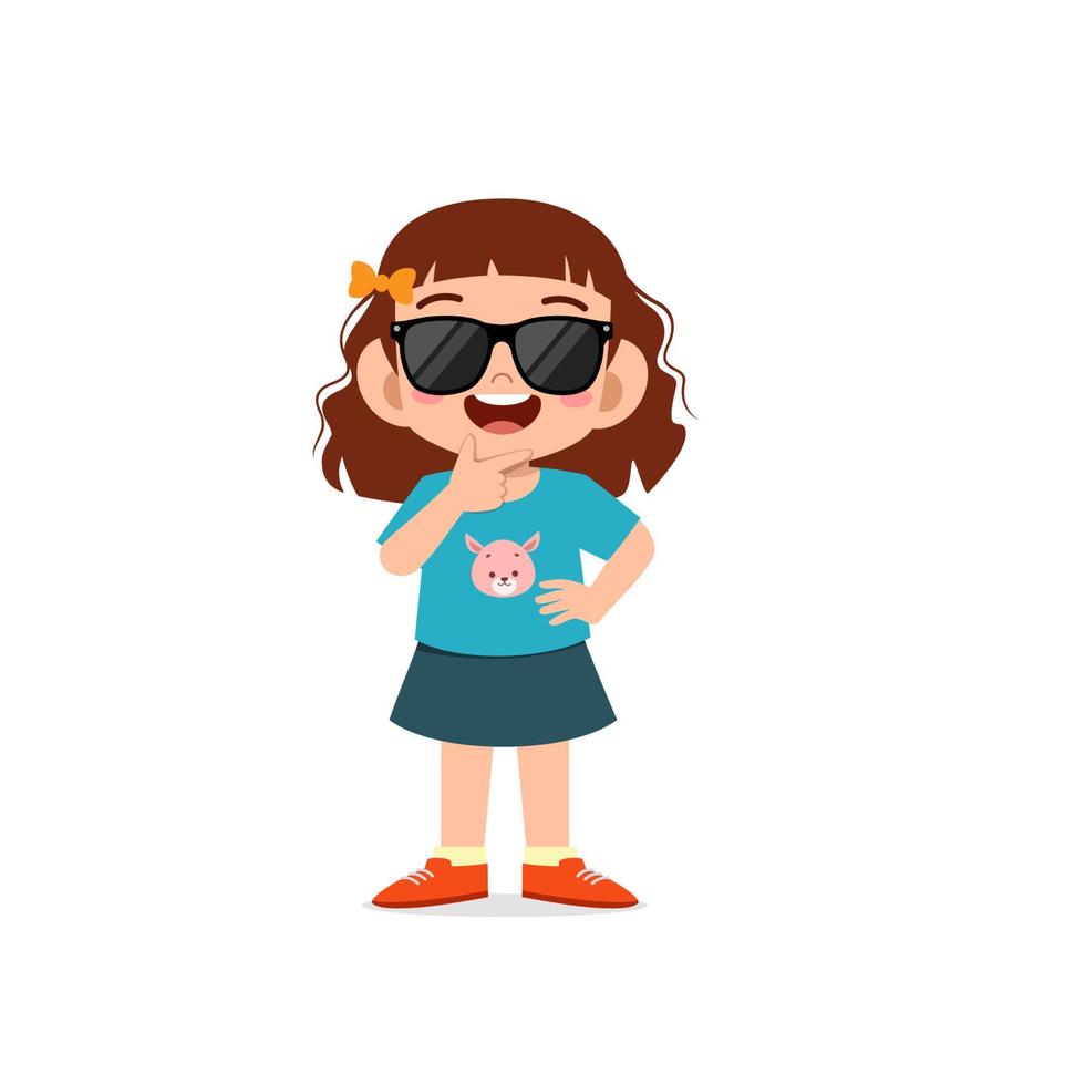 cute little kid girl show cool and wearing black glasses pose expression vector