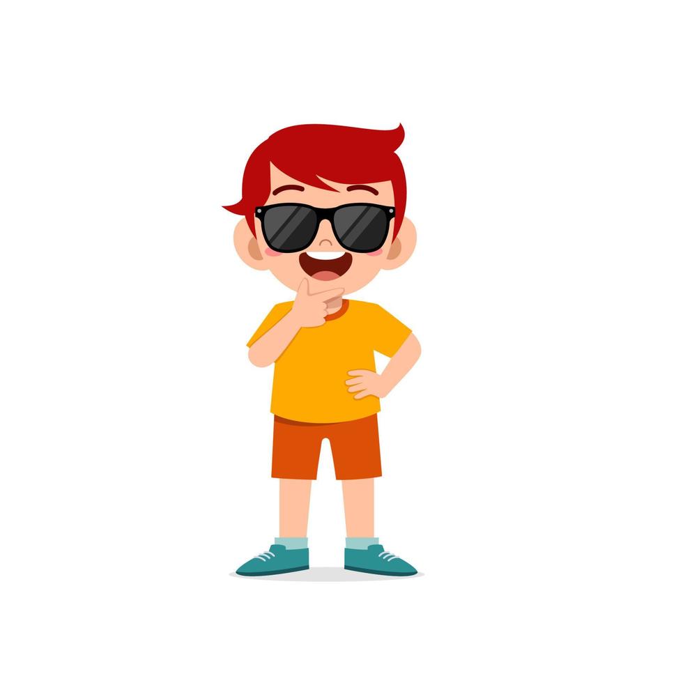 lindo niño pequeño muestra genial y con gafas negras pose expresión vector