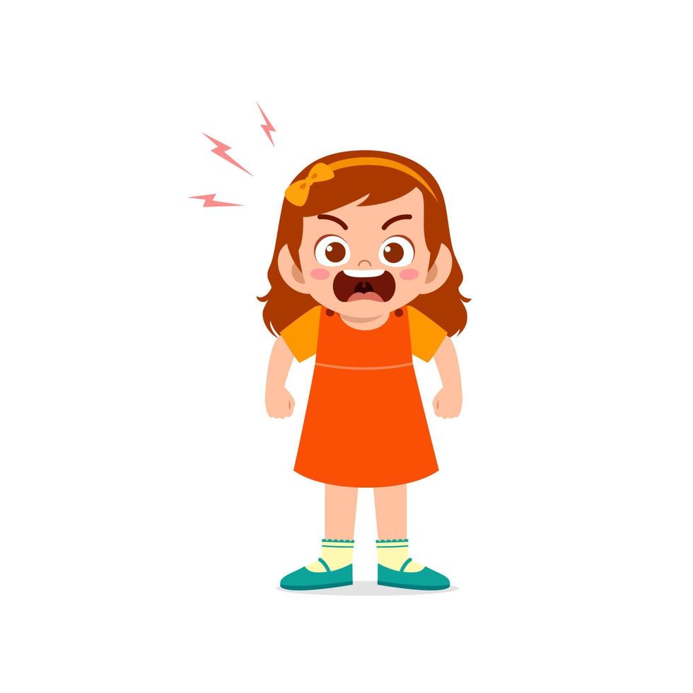 cute little kid girl stand and show angry pose expression vector