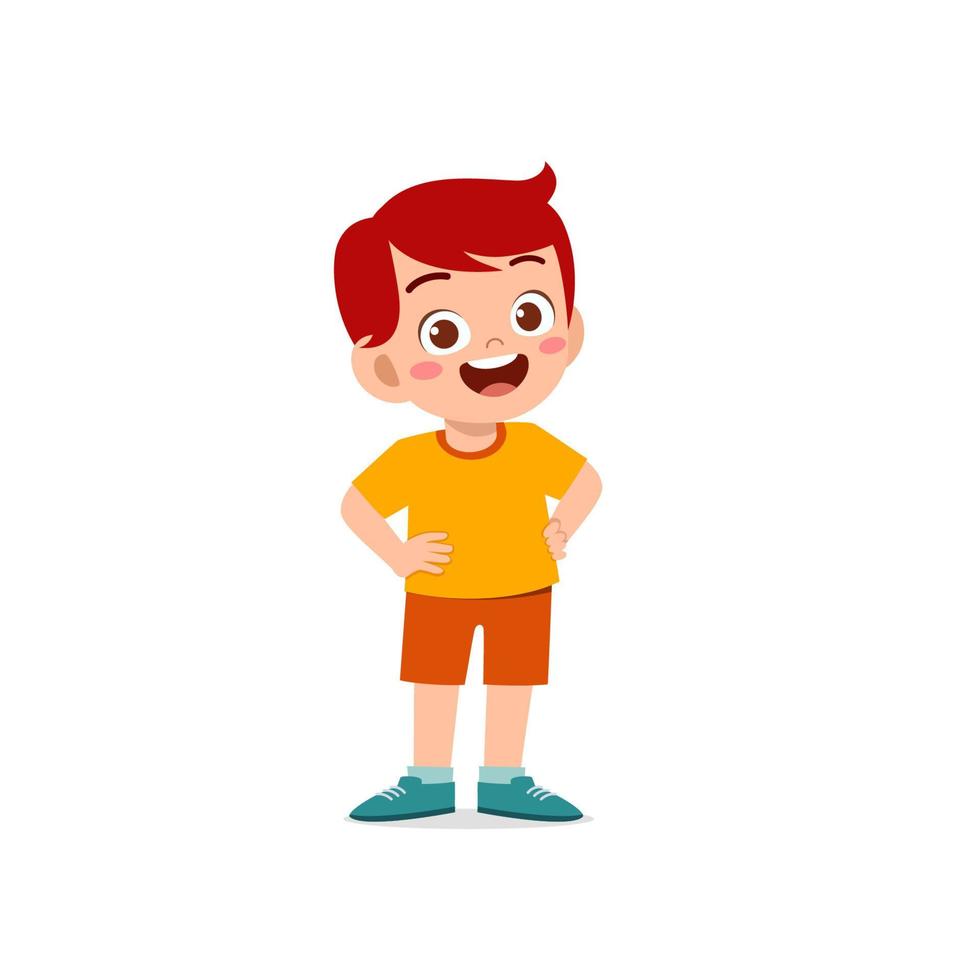 cute little kid boy stand smile with arm on hip pose expression vector