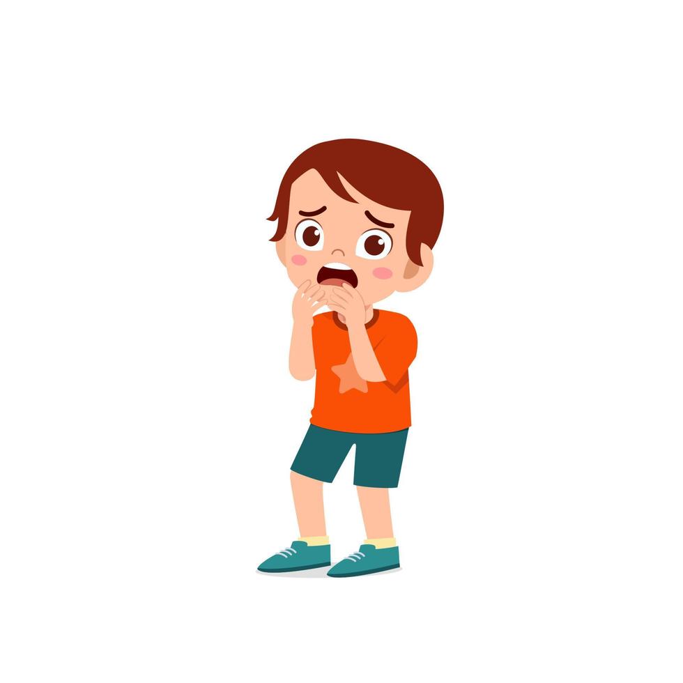 cute little kid boy feeling scared and shocked expression gesture vector