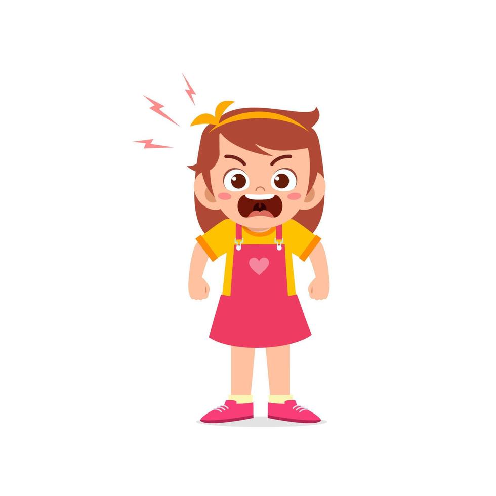 cute little kid girl stand and show angry pose expression vector