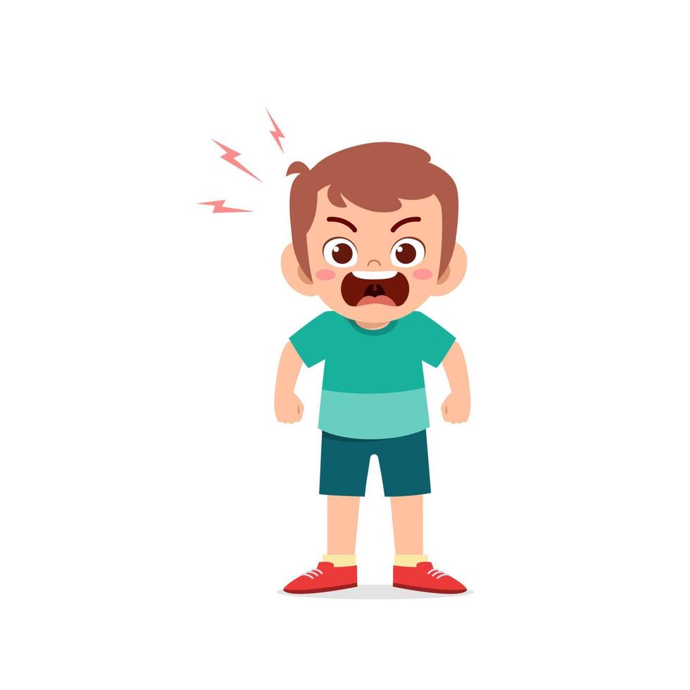 cute little kid boy stand and show angry pose expression vector