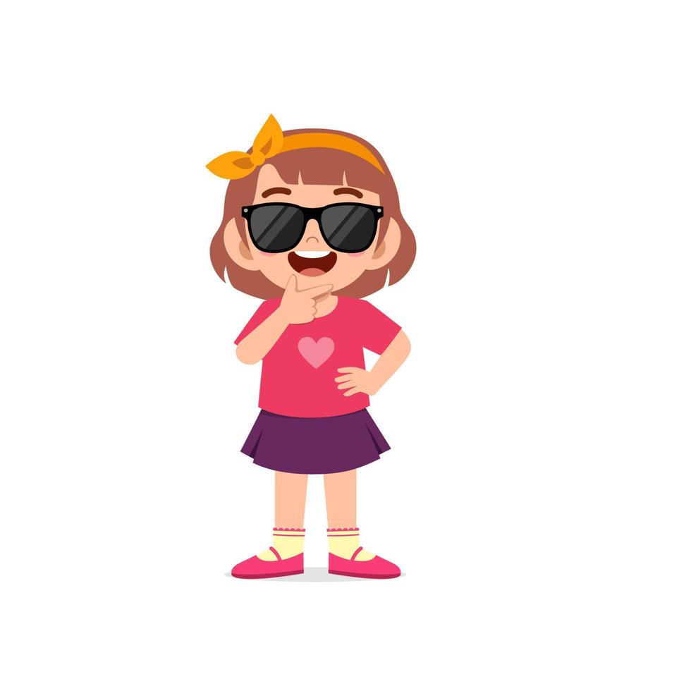 cute little kid girl show cool and wearing black glasses pose expression vector