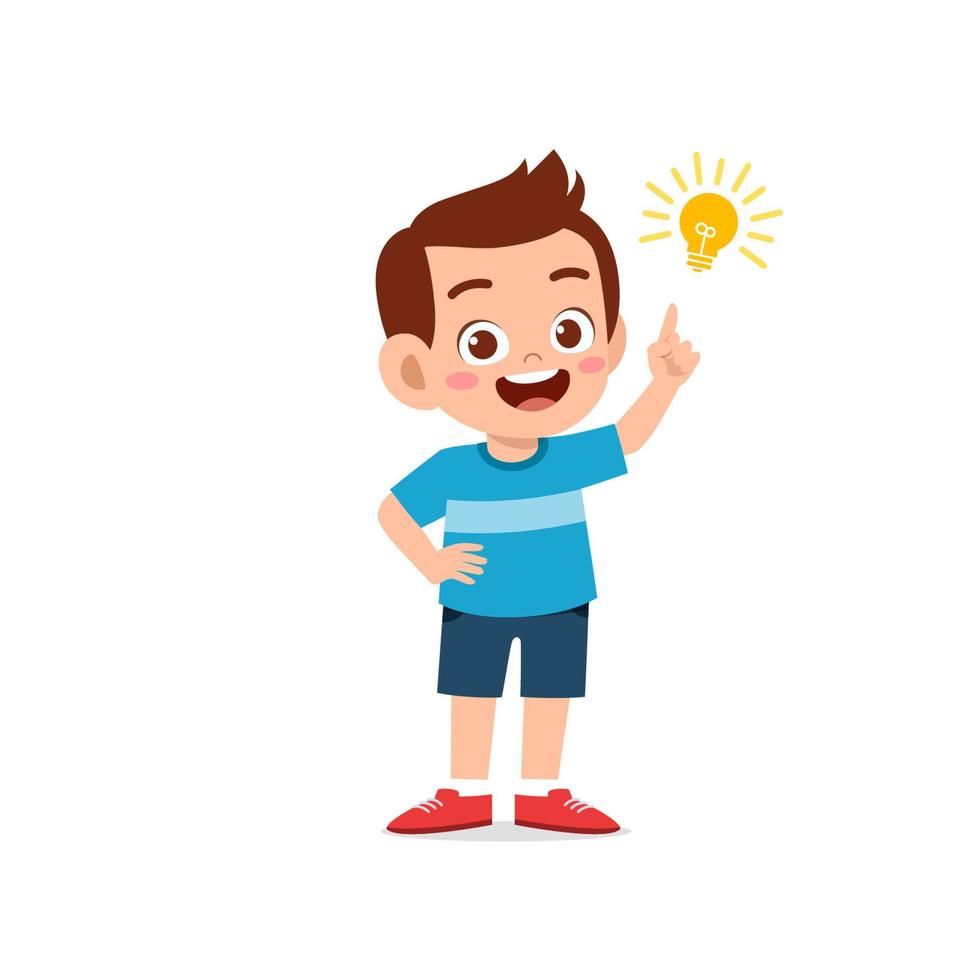 cute little kid boy show idea pose expression with light bulb sign vector