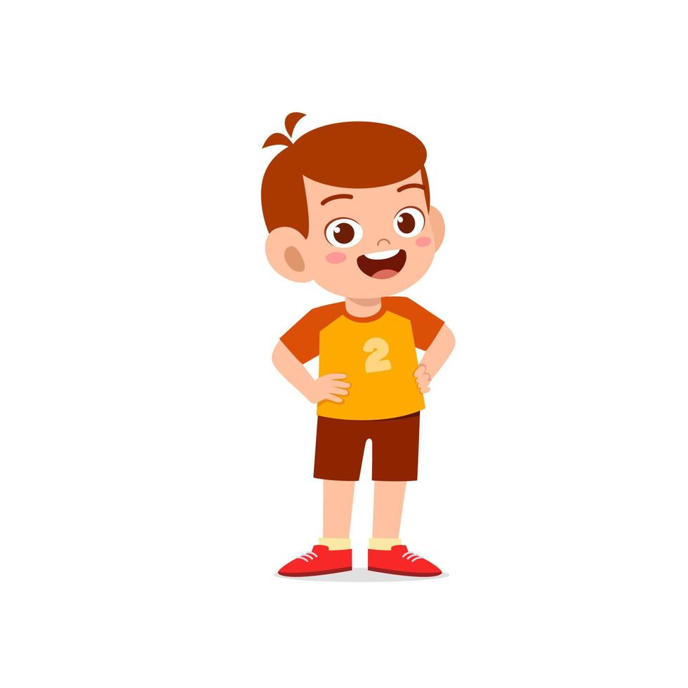 lindo niño pequeño stand sonrisa con el brazo en la cadera pose expresión vector