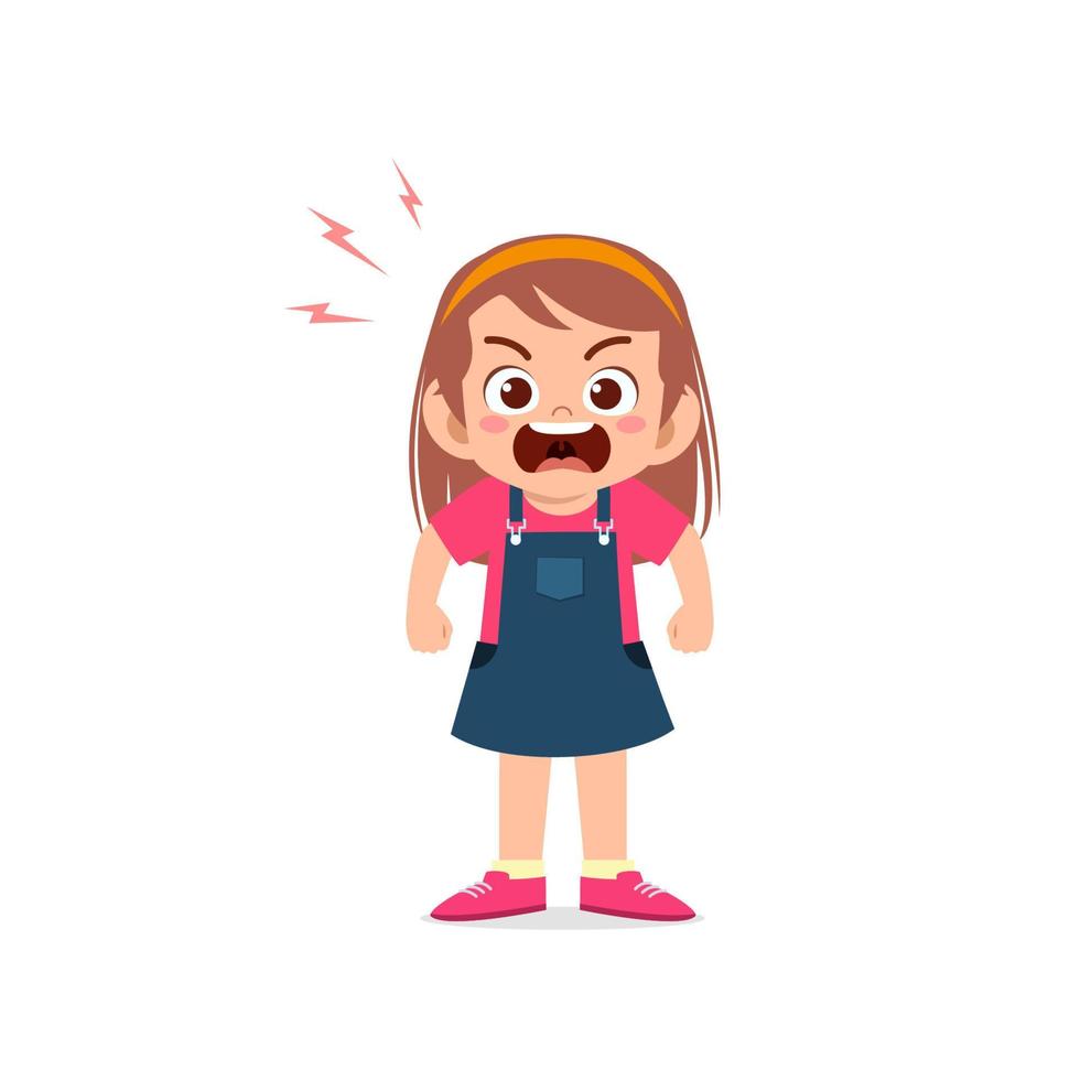 cute little kid girl stand and show angry pose expression vector