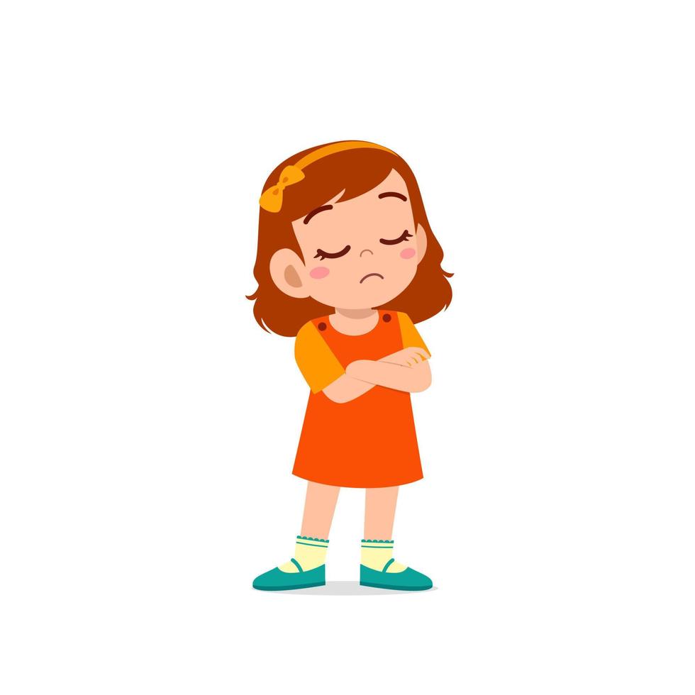 cute little kid girl dissatisfied with arm folded pose expression vector