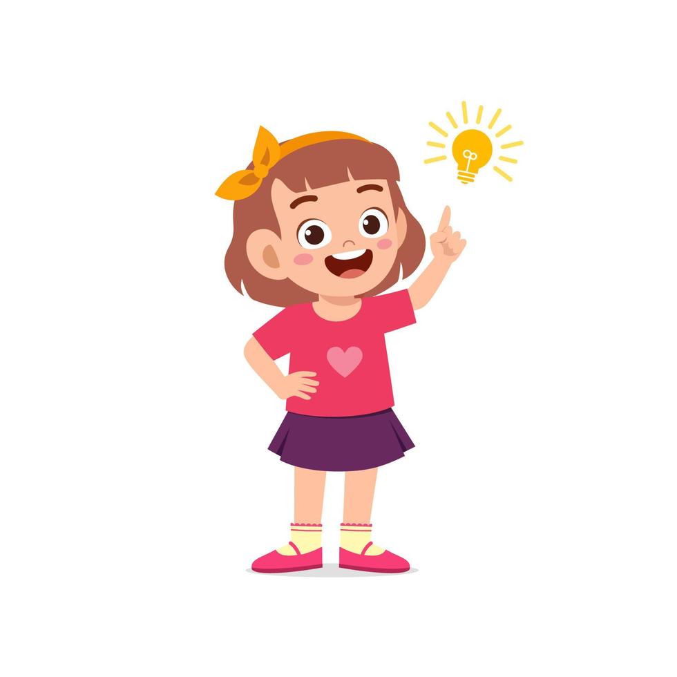 cute little kid girl show idea pose expression with light bulb sign vector