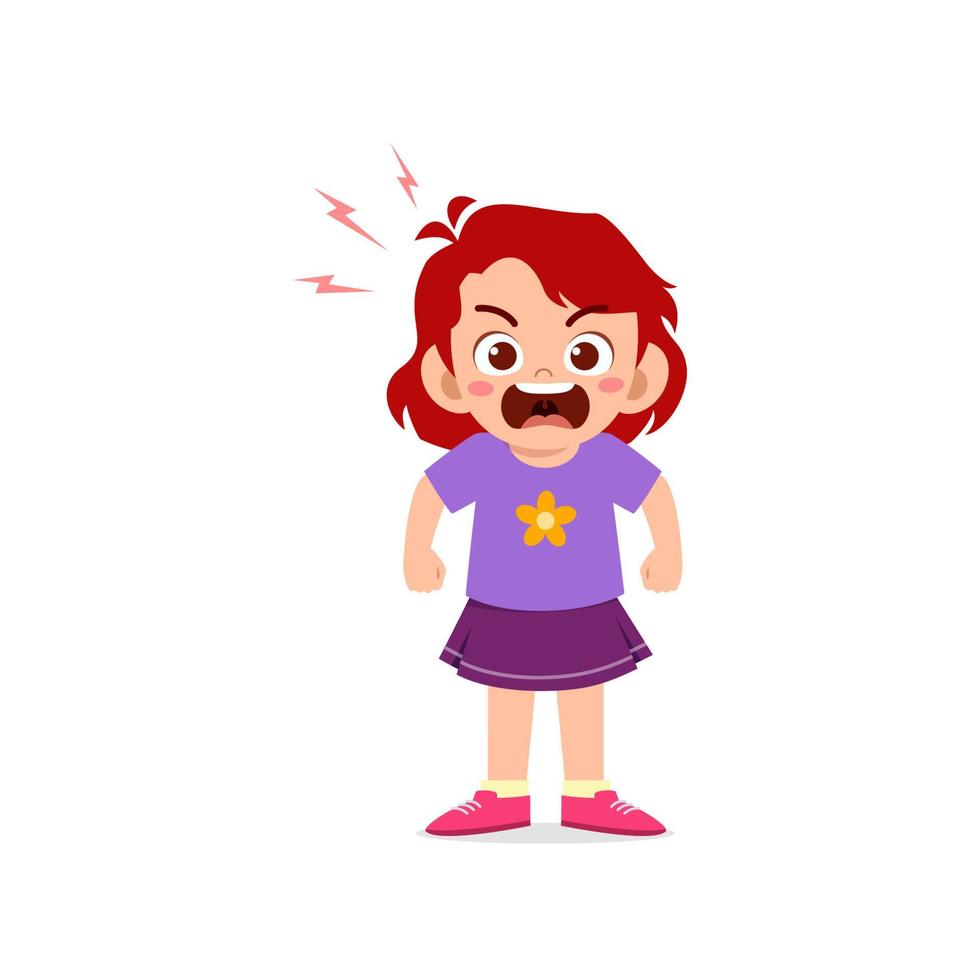cute little kid girl stand and show angry pose expression vector