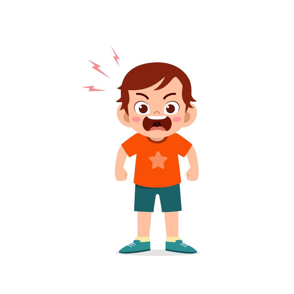 cute little kid boy stand and show angry pose expression vector