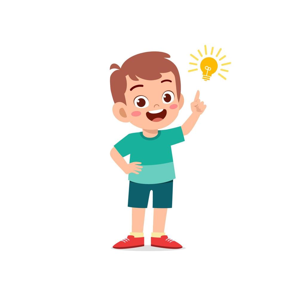 cute little kid boy show idea pose expression with light bulb sign vector