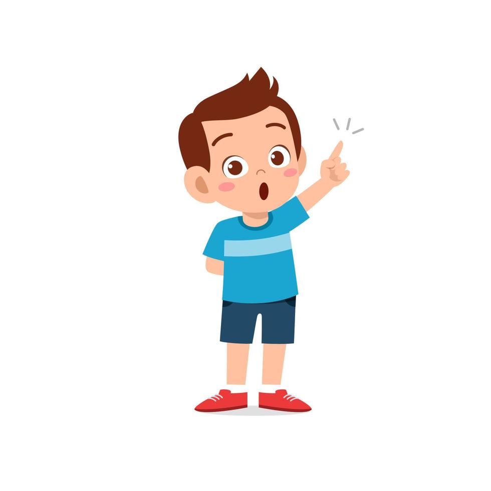 cute little kid boy thinking and has an idea face expression gesture vector