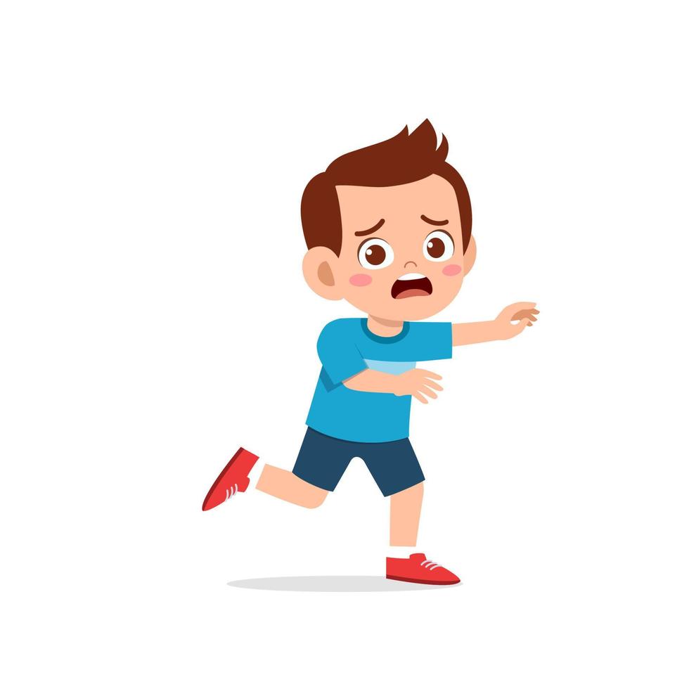 lindo niño pequeño niño asustado y correr gesto de expresión vector