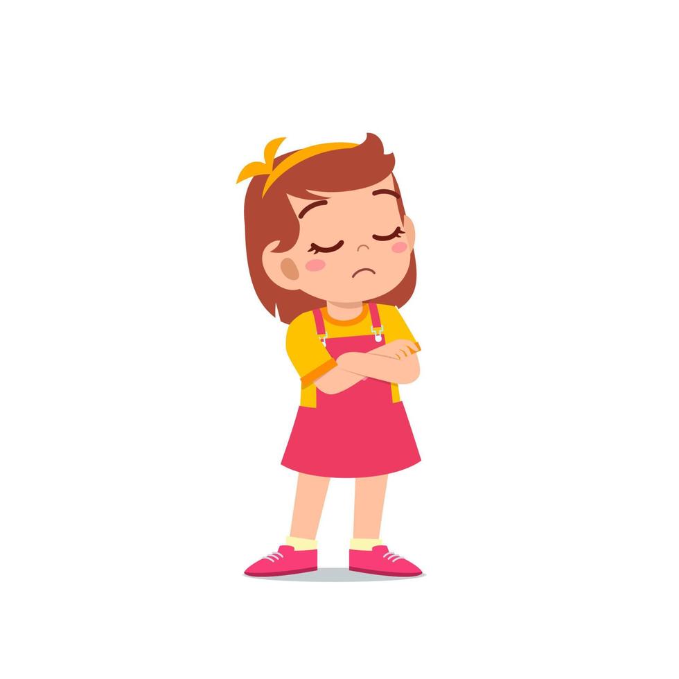 cute little kid girl dissatisfied with arm folded pose expression vector