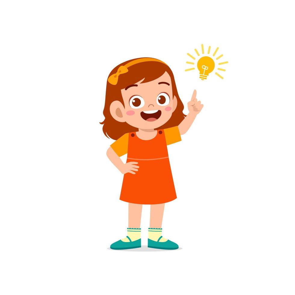 cute little kid girl show idea pose expression with light bulb sign vector