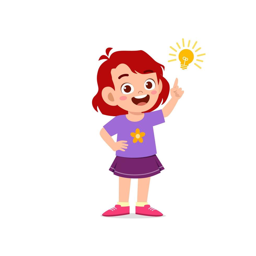 cute little kid girl show idea pose expression with light bulb sign vector