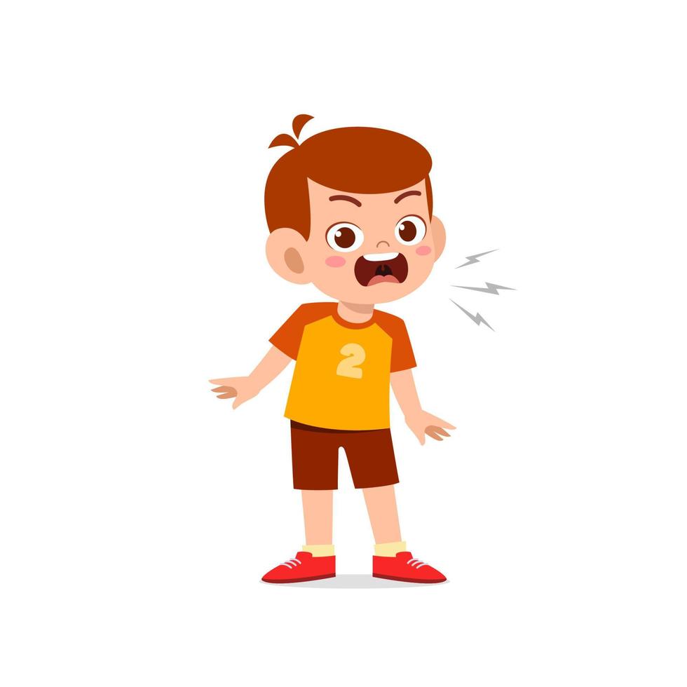 cute little kid boy stand and show angry pose expression vector