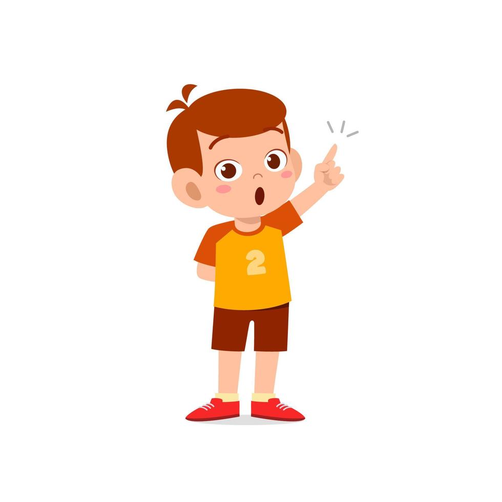 cute little kid boy thinking and has an idea face expression gesture vector
