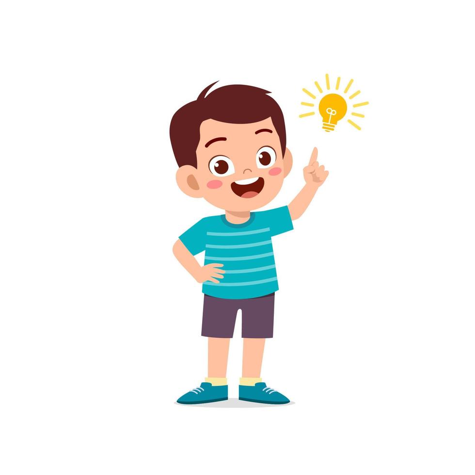 cute little kid boy show idea pose expression with light bulb sign vector