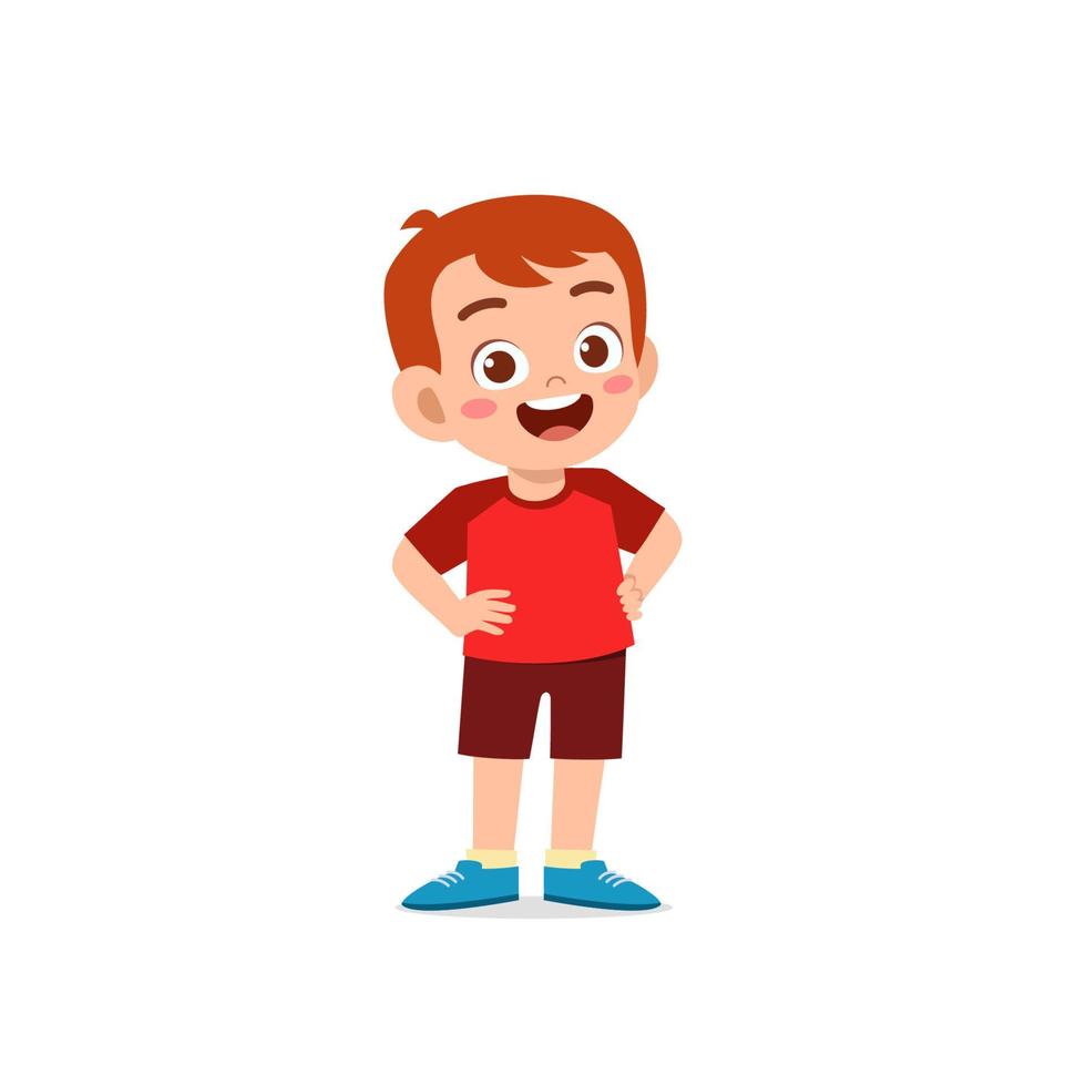 lindo niño pequeño stand sonrisa con el brazo en la cadera pose expresión vector