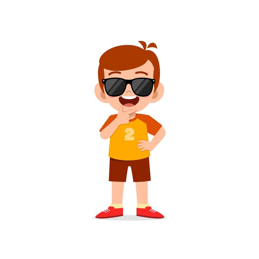 cute little kid boy show cool and wearing black glasses pose expression vector