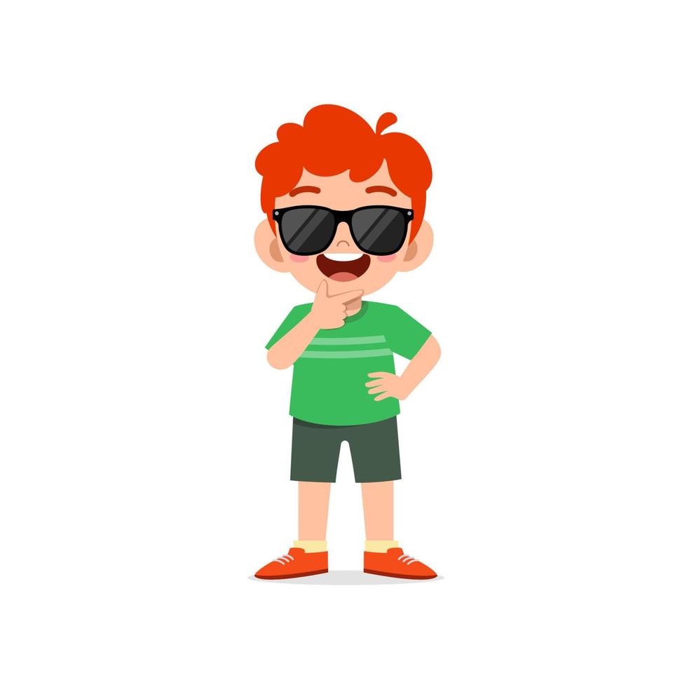 cute little kid boy show cool and wearing black glasses pose expression vector