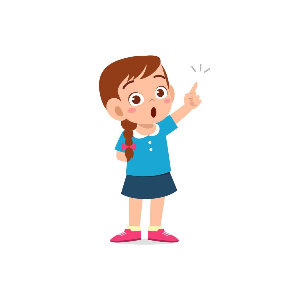 cute little kid girl thinking and has an idea face expression gesture vector