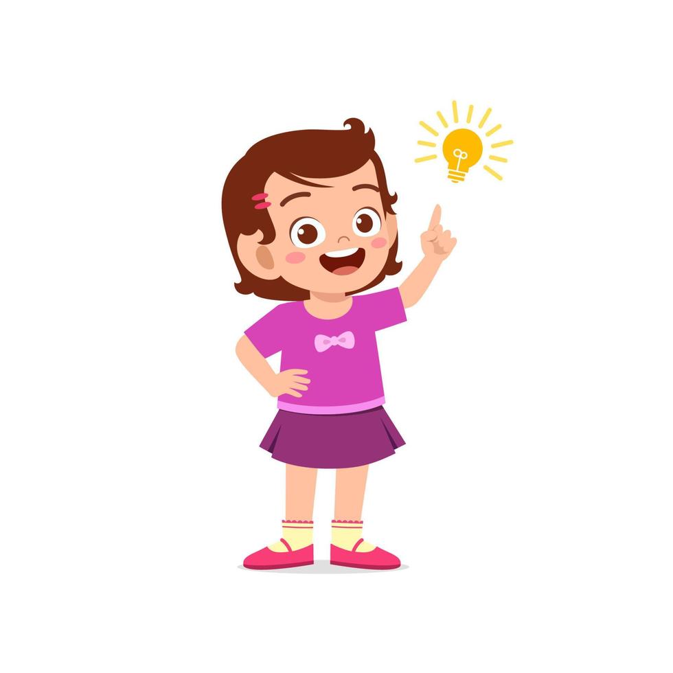 cute little kid girl show idea pose expression with light bulb sign vector