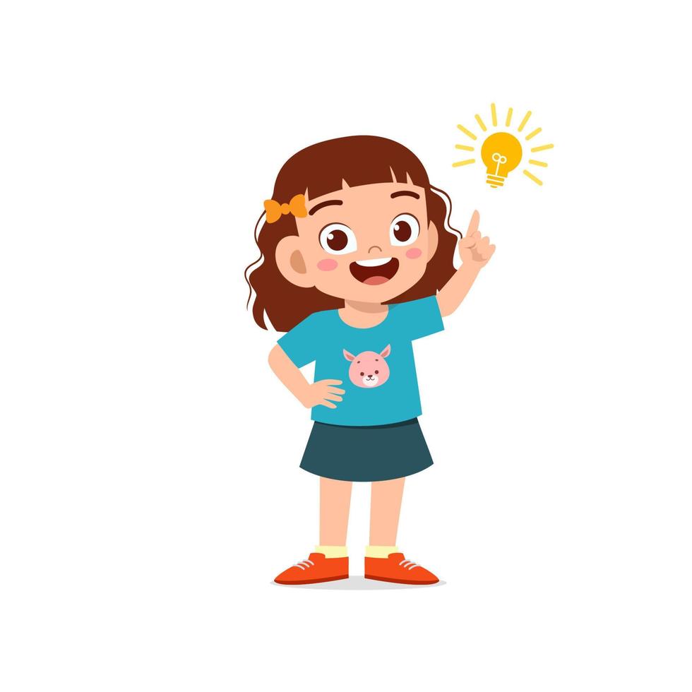 cute little kid girl show idea pose expression with light bulb sign vector