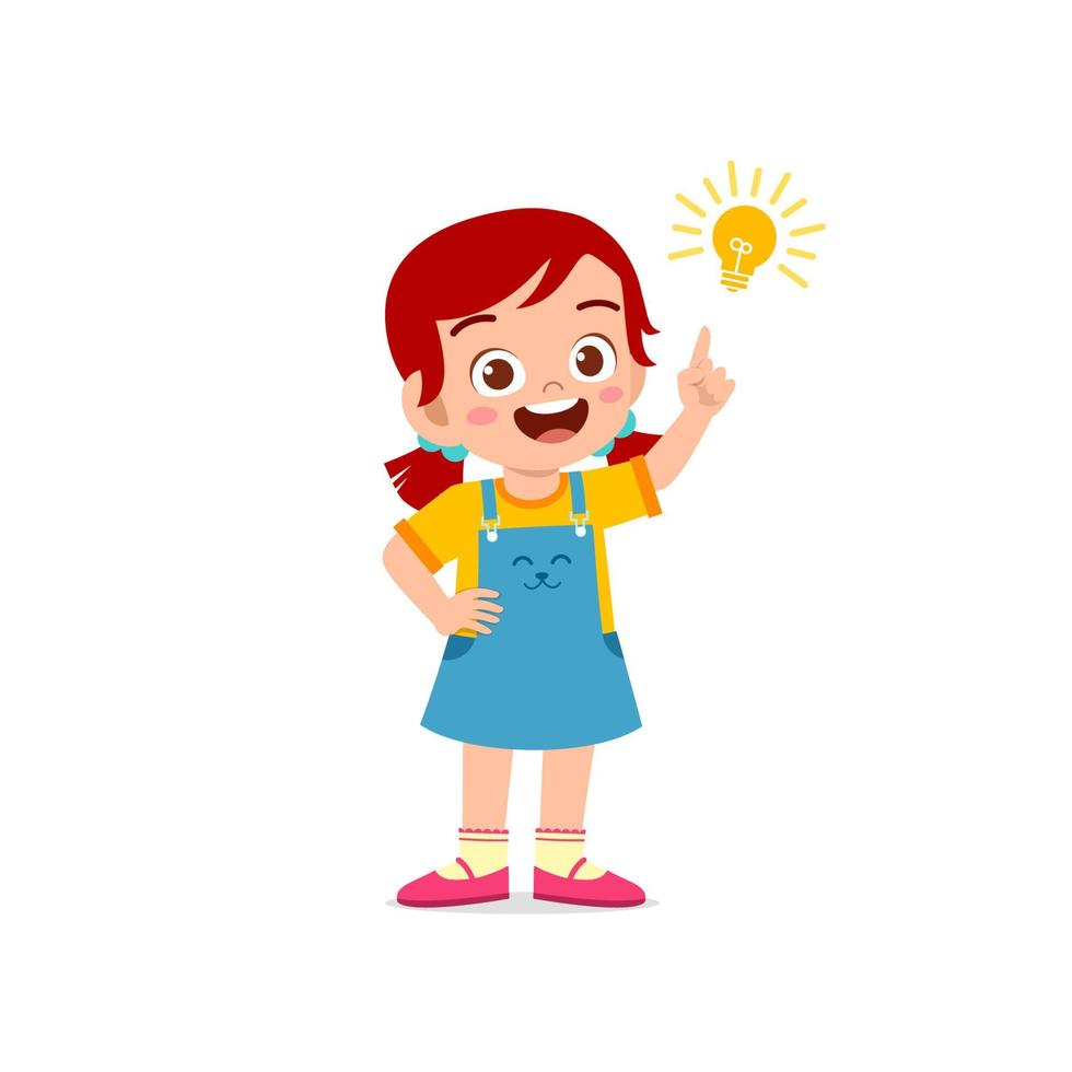 cute little kid girl show idea pose expression with light bulb sign vector