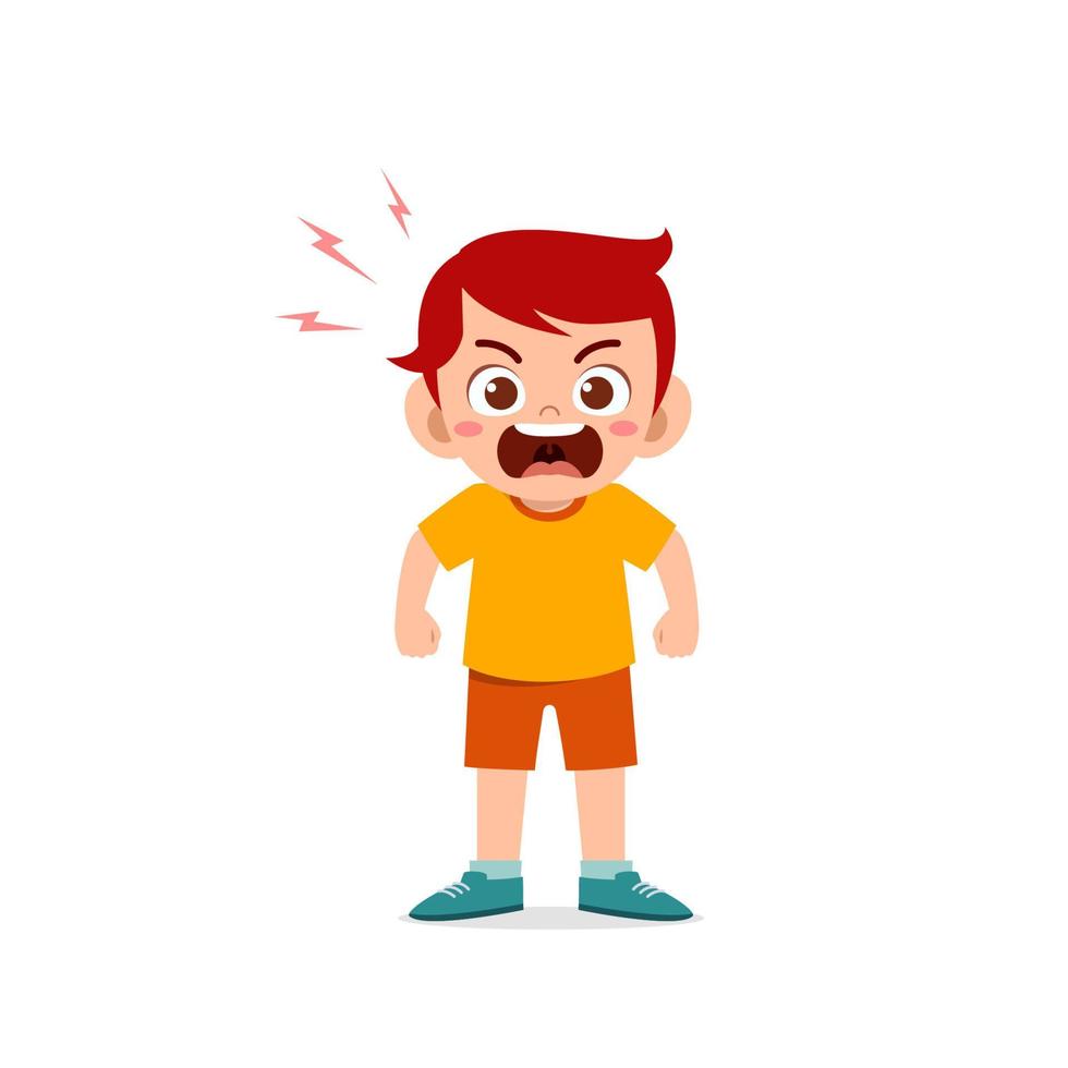 cute little kid boy stand and show angry pose expression vector