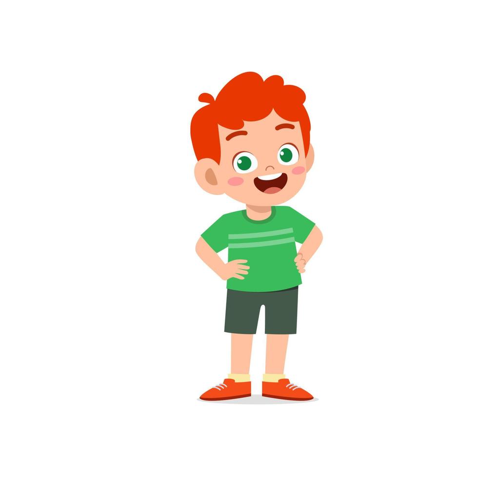 lindo niño pequeño stand sonrisa con el brazo en la cadera pose expresión vector