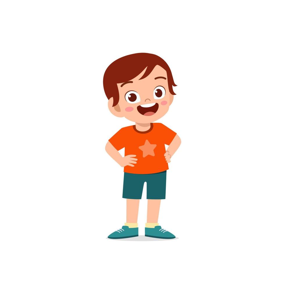 cute little kid boy stand smile with arm on hip pose expression vector