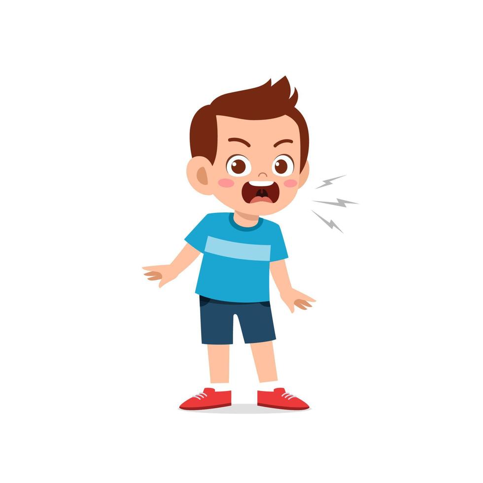 cute little kid boy stand and show angry pose expression vector