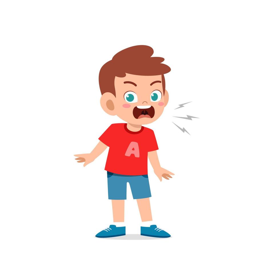 cute little kid boy stand and show angry pose expression vector