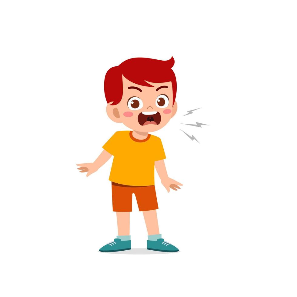 cute little kid boy stand and show angry pose expression vector