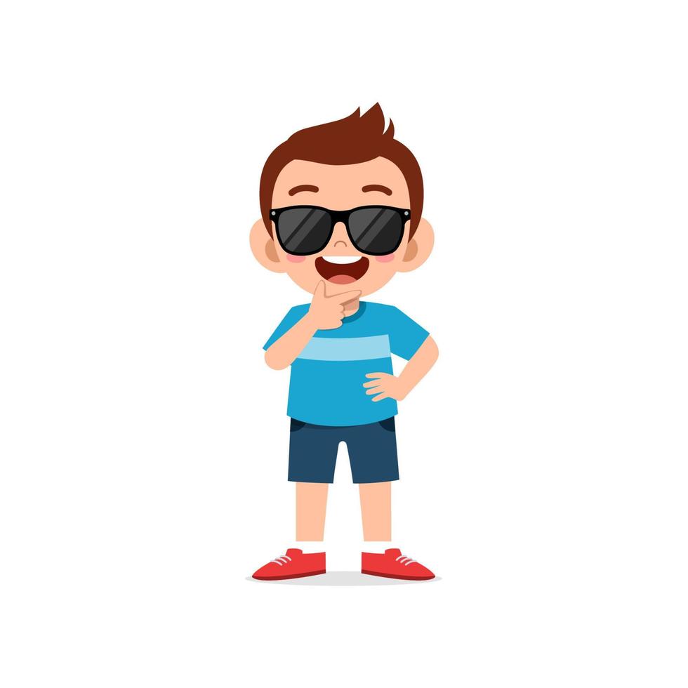 cute little kid boy show cool and wearing black glasses pose expression vector